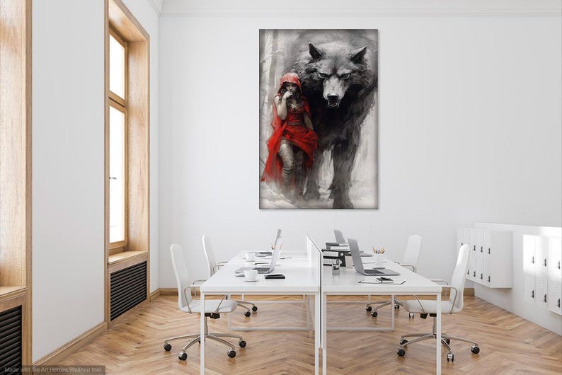 May include: A black and white illustration of a wolf and a woman in a red hooded cloak standing in a forest setting.