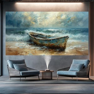 May include: Large wall art featuring an oil painting of a weathered blue boat on a sandy beach, with foamy waves and a cloudy sky. The artwork is displayed above two blue armchairs in a modern living room setting.
