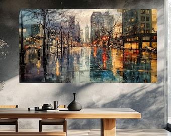 Impressionist Cityscape Canvas, Rainy Night Street, Modern Art Print