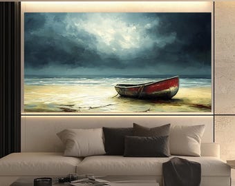 Lonely Boat Seascape Canvas Print, Atmospheric Coastal Art