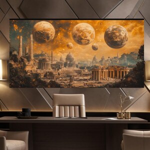 May include: A digital painting of a futuristic city with a golden sky and multiple moons. The city is in ruins, with crumbling buildings and overgrown vegetation. The moons are large and luminous, casting a warm glow on the scene.