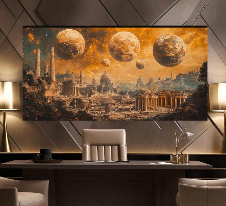 May include: A digital painting of a futuristic city with a golden sky and multiple moons. The city is in ruins, with crumbling buildings and overgrown vegetation. The moons are large and luminous, casting a warm glow on the scene.
