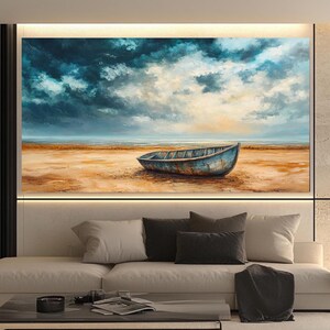 May include: A painting of a blue wooden boat on a sandy beach with a cloudy sky in the background.