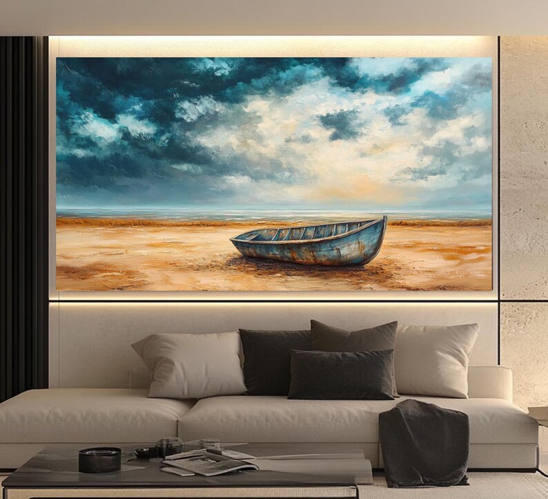 May include: A painting of a blue wooden boat on a sandy beach with a cloudy sky in the background.