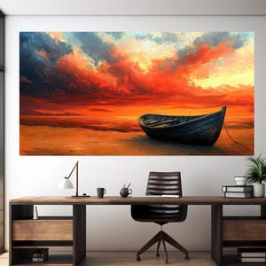 May include: A painting of a wooden boat on a beach at sunset. The sky is a vibrant orange and red with dark clouds. The boat is dark brown and is sitting on the sand.