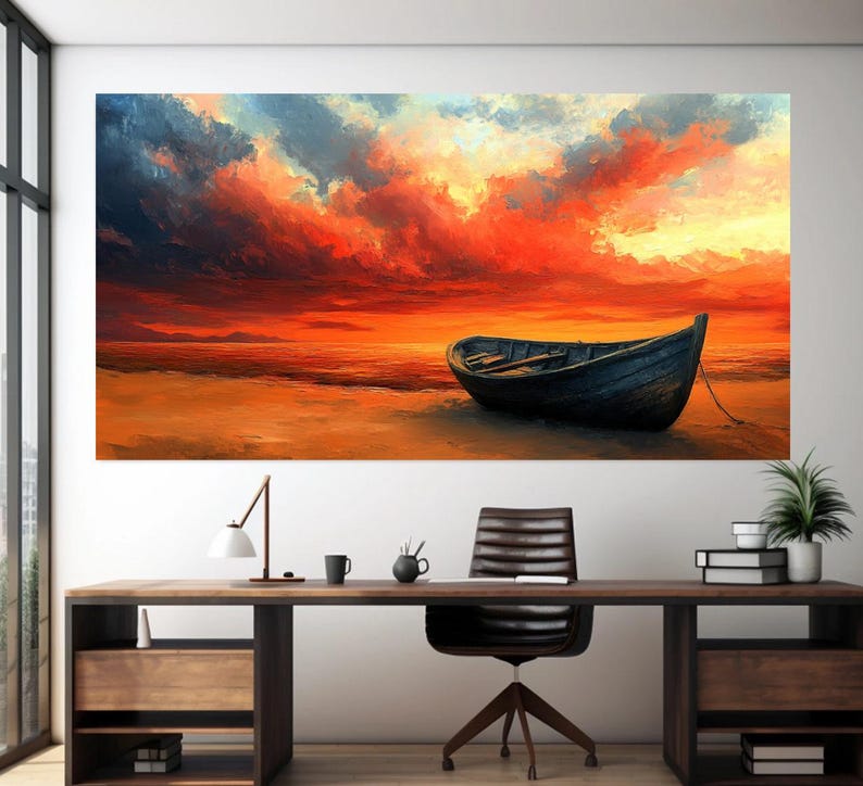 May include: A painting of a wooden boat on a beach at sunset. The sky is a vibrant orange and red with dark clouds. The boat is dark brown and is sitting on the sand.