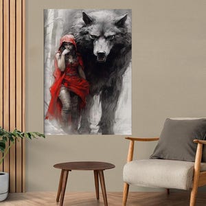 May include: A painting of a wolf and a woman in a red hooded cloak. The wolf is standing behind the woman, and its head is turned to look at the viewer. The woman is looking down at the ground, and her hands are clasped in front of her.