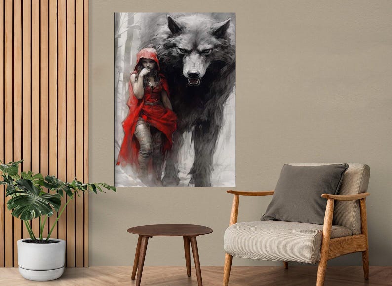 May include: A painting of a wolf and a woman in a red hooded cloak. The wolf is standing behind the woman, and its head is turned to look at the viewer. The woman is looking down at the ground, and her hands are clasped in front of her.