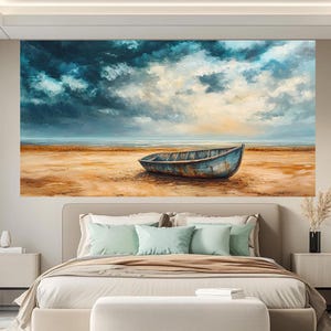 May include: A painting of a weathered wooden boat on a sandy beach with a cloudy sky and a blue ocean in the background.