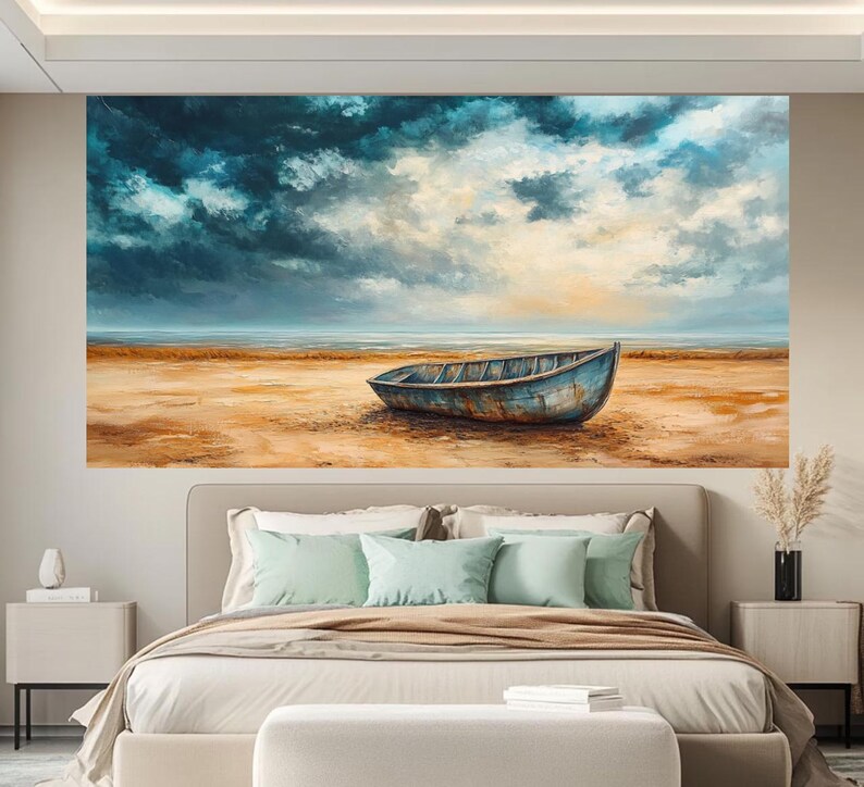 May include: A painting of a weathered wooden boat on a sandy beach with a cloudy sky and a blue ocean in the background.