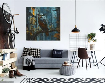 Cyberpunk Owl Portrait, Abstract Framed Canvas Wall Art