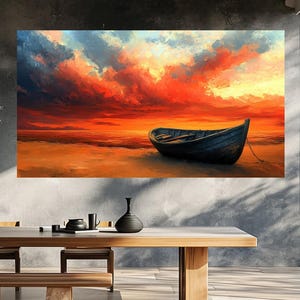 May include: A painting of a wooden boat on a beach at sunset. The sky is a vibrant orange and red, with clouds in the background. The boat is dark gray and is sitting on the sand.