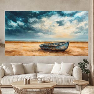 May include: A painting of a weathered blue wooden boat on a sandy beach with a cloudy sky and a distant ocean.