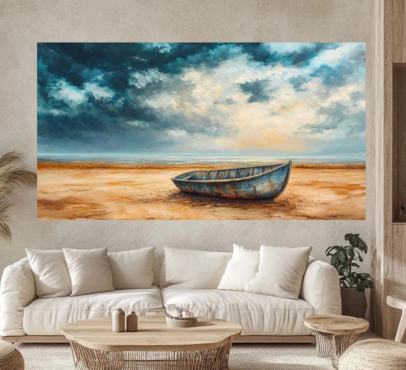 May include: A painting of a weathered blue wooden boat on a sandy beach with a cloudy sky and a distant ocean.