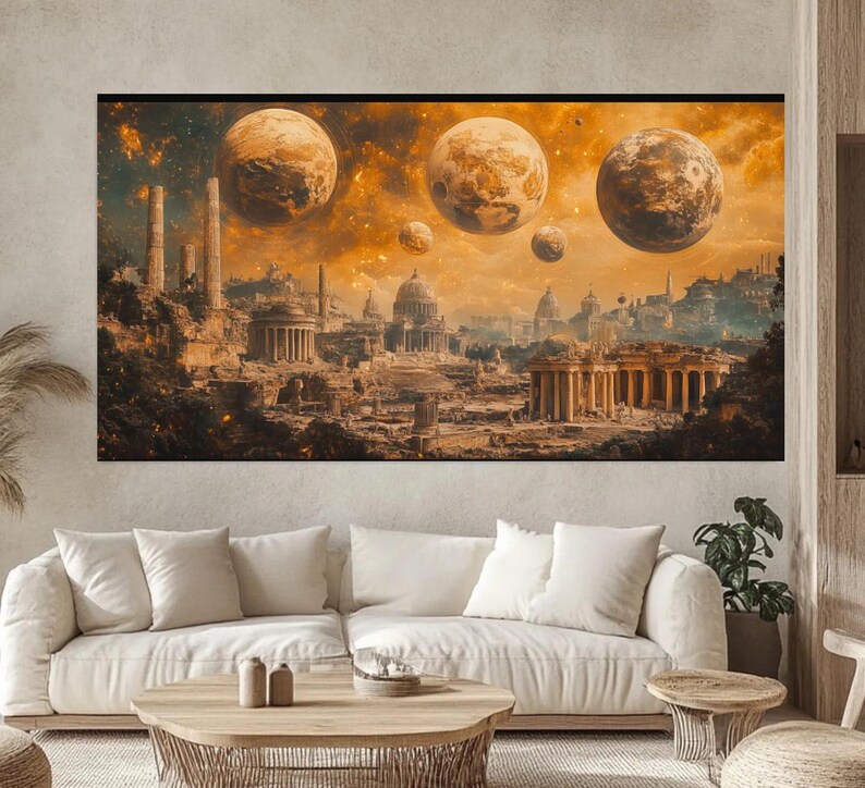 May include: A digital painting of a futuristic city with a golden sky and multiple moons. The city is made of stone and has a dome-shaped building in the center. The moons are all different sizes and shapes.