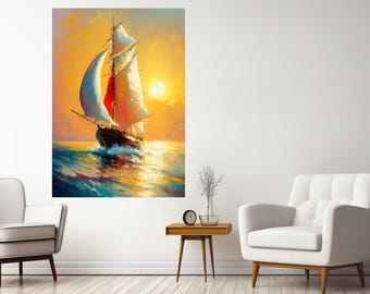 Sailing Ship Sunset Canvas Print, Textured Oil Painting Effect