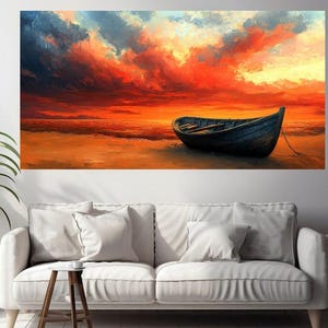 May include: A painting of a wooden boat on a beach at sunset. The sky is a vibrant orange and red with dark clouds. The boat is dark blue and is sitting on the sand.