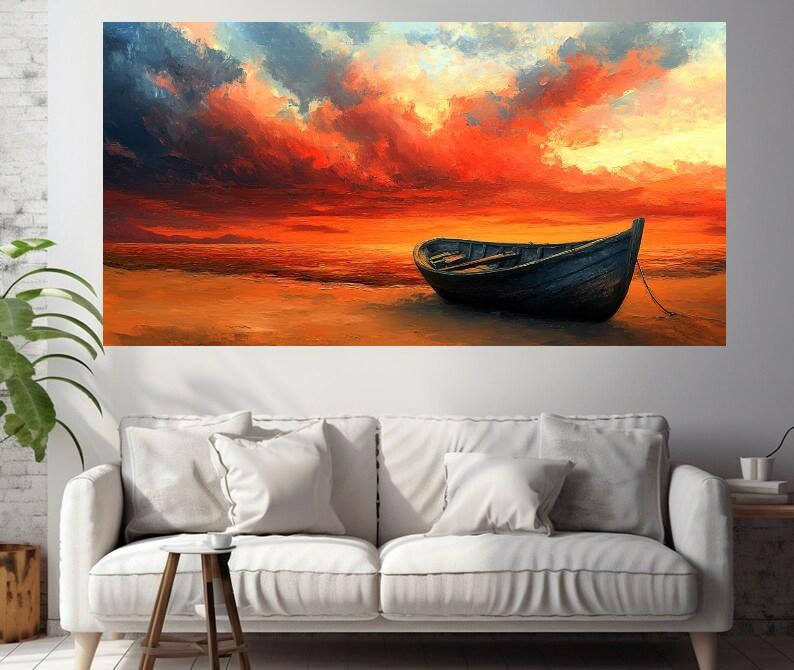 May include: A painting of a wooden boat on a beach at sunset. The sky is a vibrant orange and red with dark clouds. The boat is dark blue and is sitting on the sand.