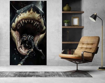 Diver vs Shark Canvas Print, Dramatic Ocean Art, Dark Man Cave Decor
