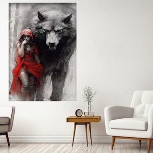 May include: A woman in a red hooded cloak stands in a forest with a large wolf beside her. The wolf is looking directly at the viewer with a menacing expression. The woman is looking down with a worried expression.