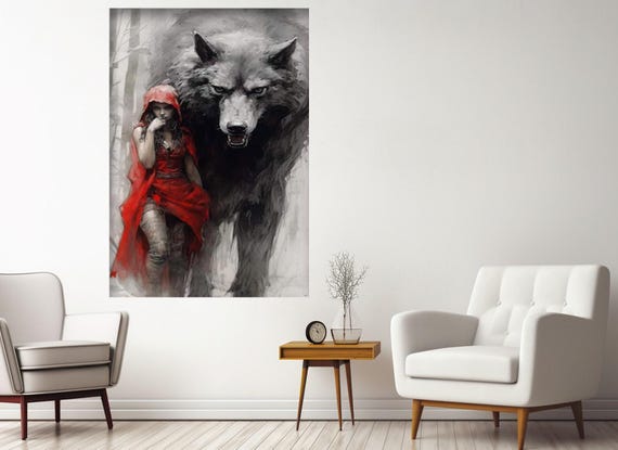 Gothic Red Riding Hood Canvas Print – Dark Fantasy Wolf Art