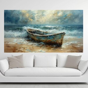 May include: An oil painting depicts a weathered blue boat on a sandy beach, with foamy waves crashing around it. The sky is filled with dramatic, textured clouds, creating a sense of movement and the vastness of the sea. The artwork evokes a feeling of solitude.