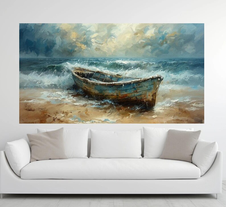 May include: An oil painting depicts a weathered blue boat on a sandy beach, with foamy waves crashing around it. The sky is filled with dramatic, textured clouds, creating a sense of movement and the vastness of the sea. The artwork evokes a feeling of solitude.