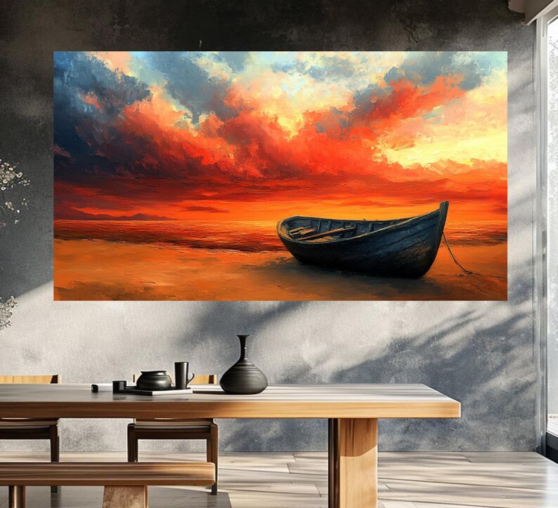Lonely Wooden Boat Print, Atmospheric Seascape Canvas, Watercolor Painting image 8