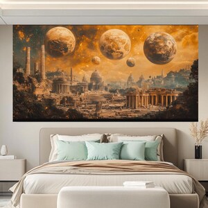 May include: A digital art print featuring a futuristic cityscape with crumbling buildings and large, glowing planets in the sky. The scene is set against a backdrop of a starry night sky.