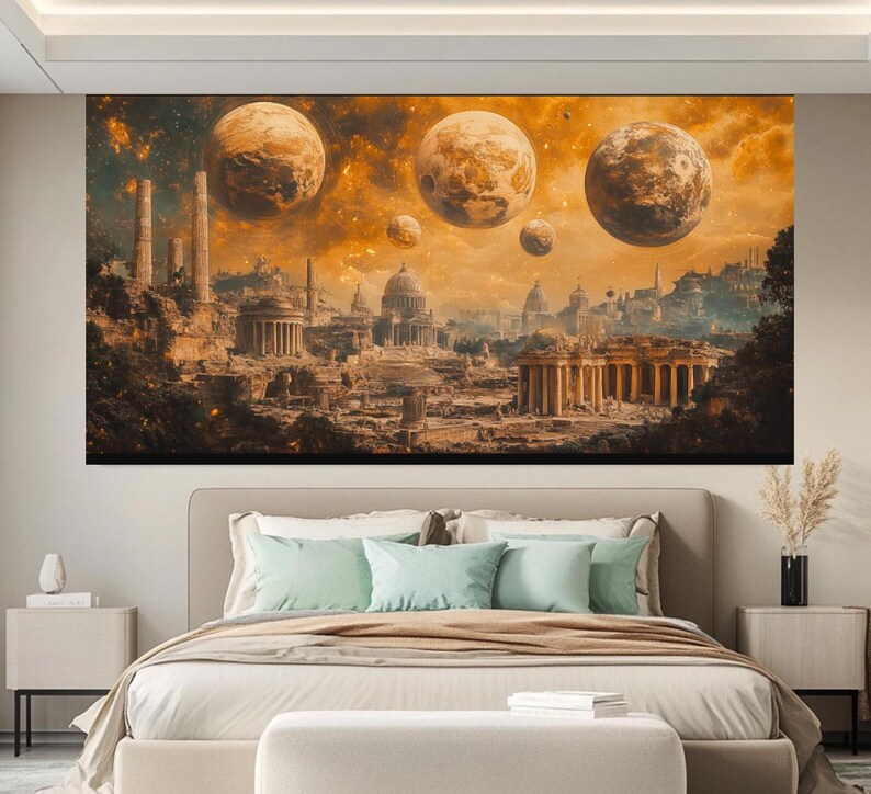 May include: A digital art print featuring a futuristic cityscape with crumbling buildings and large, glowing planets in the sky. The scene is set against a backdrop of a starry night sky.