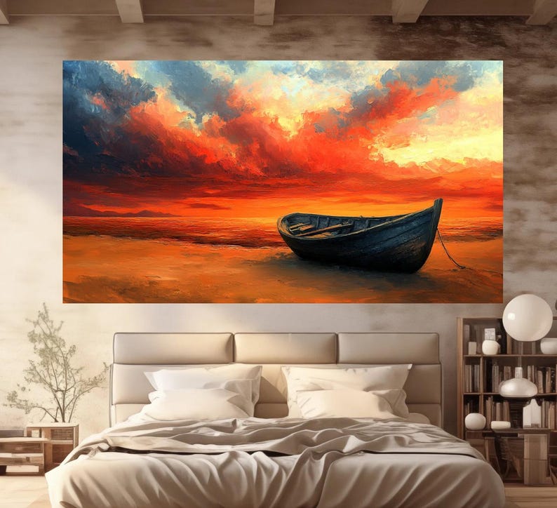 May include: A painting of a wooden boat on a beach at sunset. The sky is a vibrant orange and red with fluffy clouds. The boat is dark brown and is sitting on the sand.