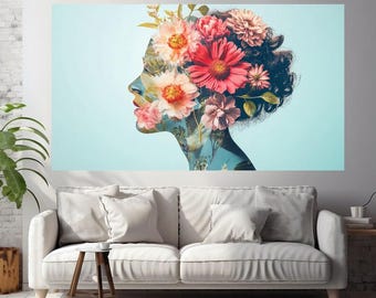 Floral Silhouette Canvas Print: Botanical Woman Portrait Art