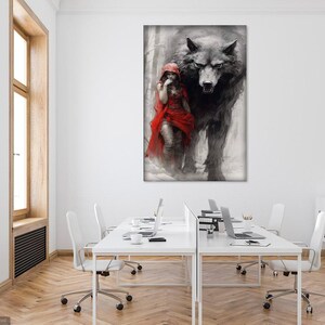 May include: A black and white illustration of a wolf and a woman in a red hooded cloak standing in a forest setting.