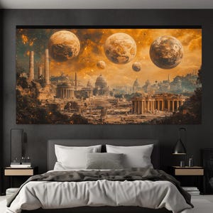 May include: A digital art print featuring a futuristic cityscape with ancient Roman architecture, set against a backdrop of a starry sky with multiple moons.
