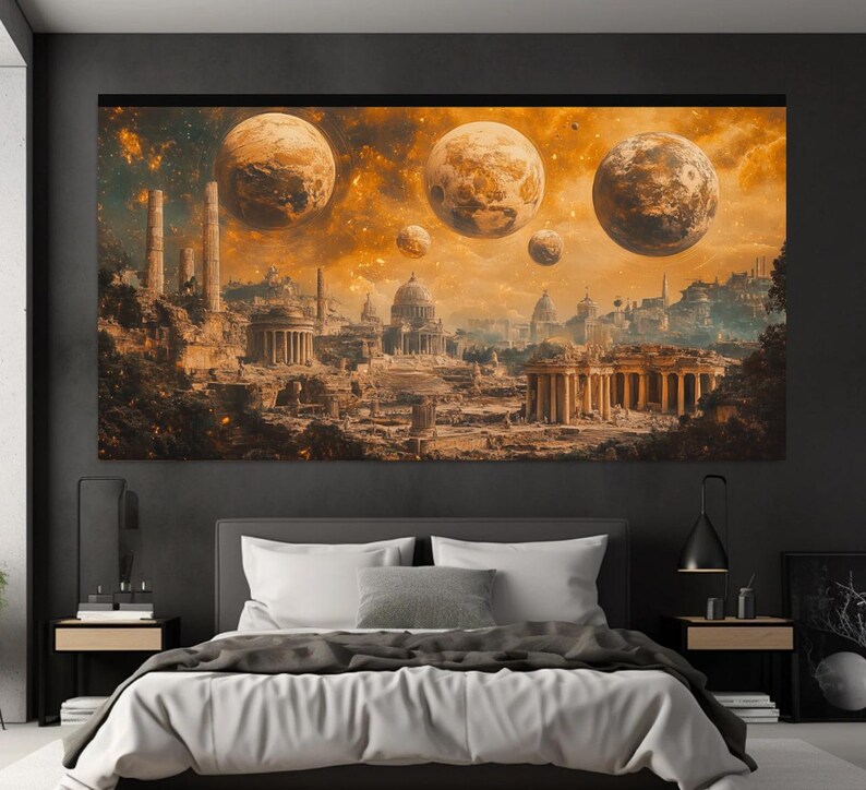 May include: A digital art print featuring a futuristic cityscape with ancient Roman architecture, set against a backdrop of a starry sky with multiple moons.