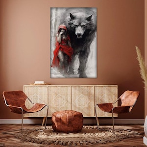 May include: A painting of a woman in a red hooded cloak standing next to a large grey wolf in a forest setting.