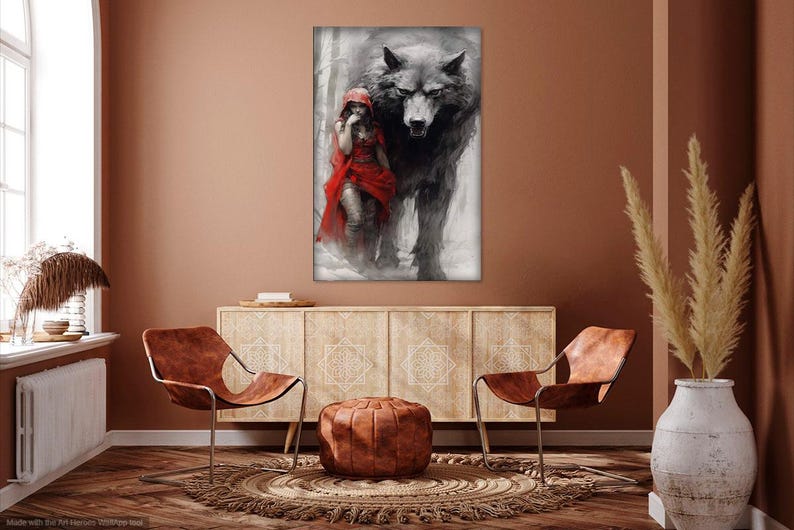 May include: A painting of a woman in a red hooded cloak standing next to a large grey wolf in a forest setting.