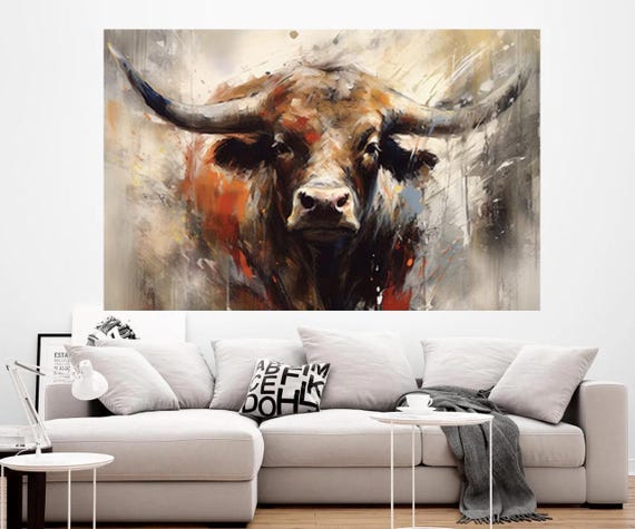 Abstract Bull Portrait, Oil Painting, Modern Farmhouse Decor