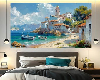 Mediterranean Seascape Oil Painting Style Print, Coastal Town Art