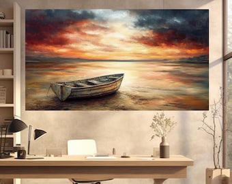 Lonely Boat Seascape, Sunset Watercolor Painting, Home Wall Art