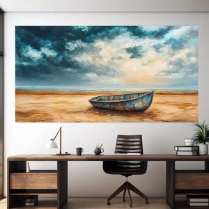 May include: A painting of a weathered wooden boat on a sandy beach with a cloudy sky above. The boat is blue and gray and is sitting on the sand. The sky is a mix of blue, white, and gray clouds.