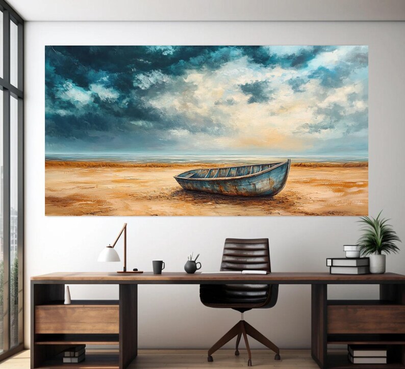 May include: A painting of a weathered wooden boat on a sandy beach with a cloudy sky above. The boat is blue and gray and is sitting on the sand. The sky is a mix of blue, white, and gray clouds.