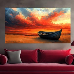May include: A painting of a wooden boat on a beach at sunset. The sky is a vibrant orange and red with fluffy clouds. The boat is dark brown and sits on the sand.