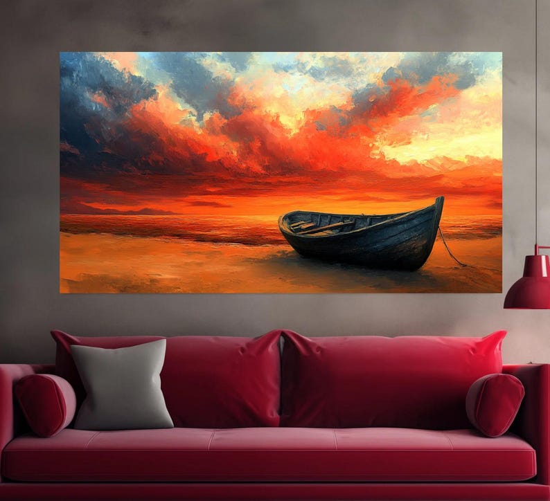 May include: A painting of a wooden boat on a beach at sunset. The sky is a vibrant orange and red with fluffy clouds. The boat is dark brown and sits on the sand.