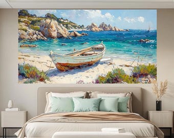 Boat on Sandy Beach Print, Seaside Oil Painting Style, Mediterranean Decor