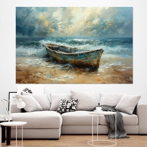 May include: An oil painting depicts a weathered, blue boat beached on a sandy shore. The artwork captures a turbulent sea under a cloudy sky, with waves crashing around the boat. The color palette includes blues, browns, and whites, creating a dramatic coastal scene.