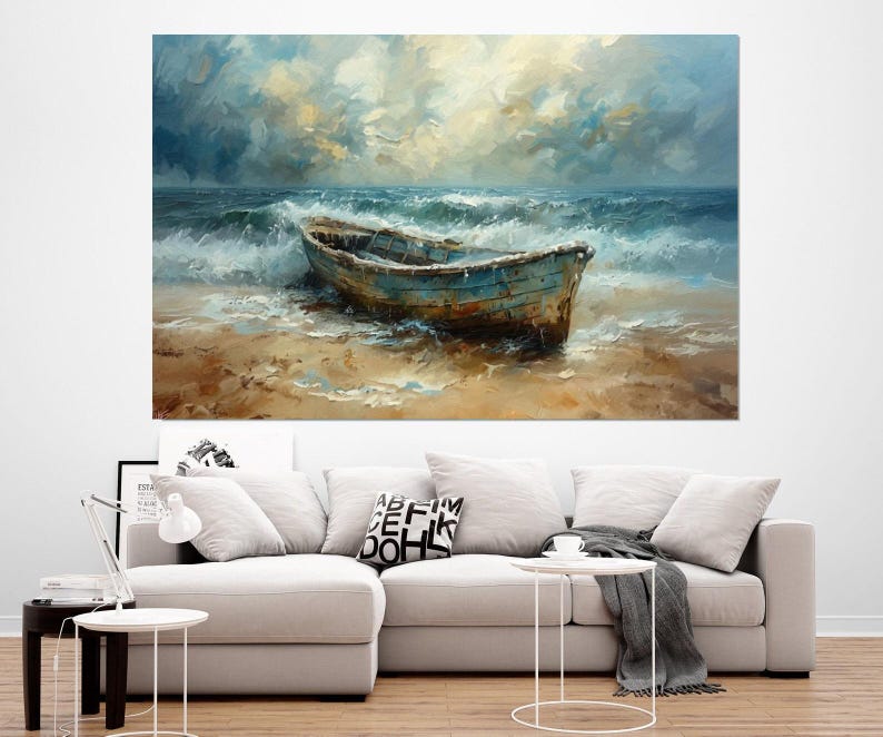 May include: An oil painting depicts a weathered, blue boat beached on a sandy shore. The artwork captures a turbulent sea under a cloudy sky, with waves crashing around the boat. The color palette includes blues, browns, and whites, creating a dramatic coastal scene.
