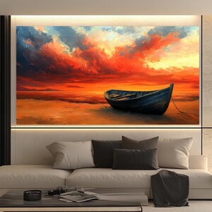 May include: A painting of a wooden boat on a beach at sunset. The sky is a vibrant orange and red with fluffy clouds. The boat is dark blue and sits on the sand.