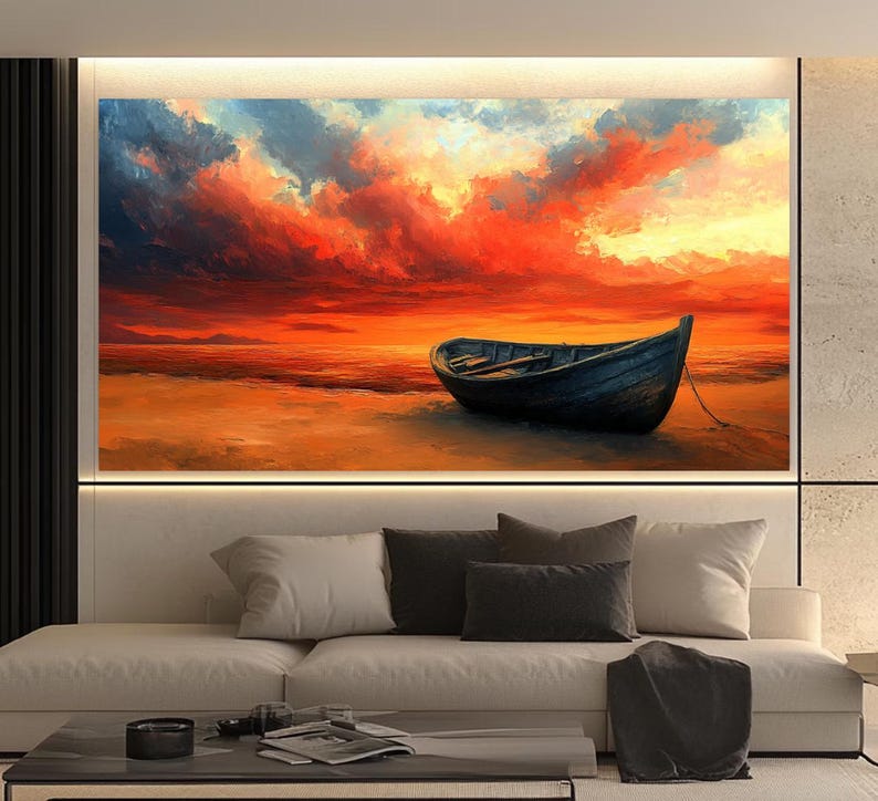 May include: A painting of a wooden boat on a beach at sunset. The sky is a vibrant orange and red with fluffy clouds. The boat is dark blue and sits on the sand.