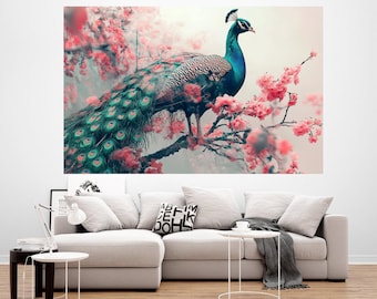 Peacock Canvas Print, Blooming Sakura, Abstract Wall Art